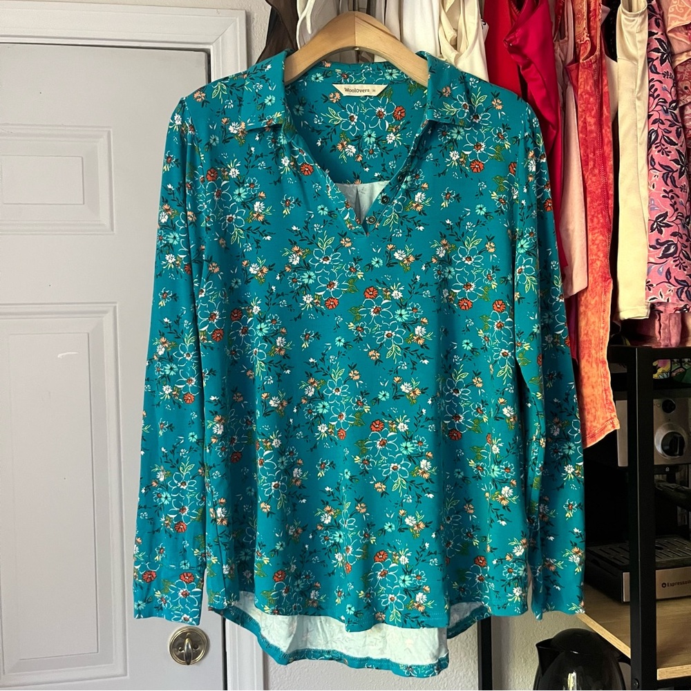 WOOLOVERS blue‎ floral viscose bamboo cotton blend long sleeve T-shirt top
